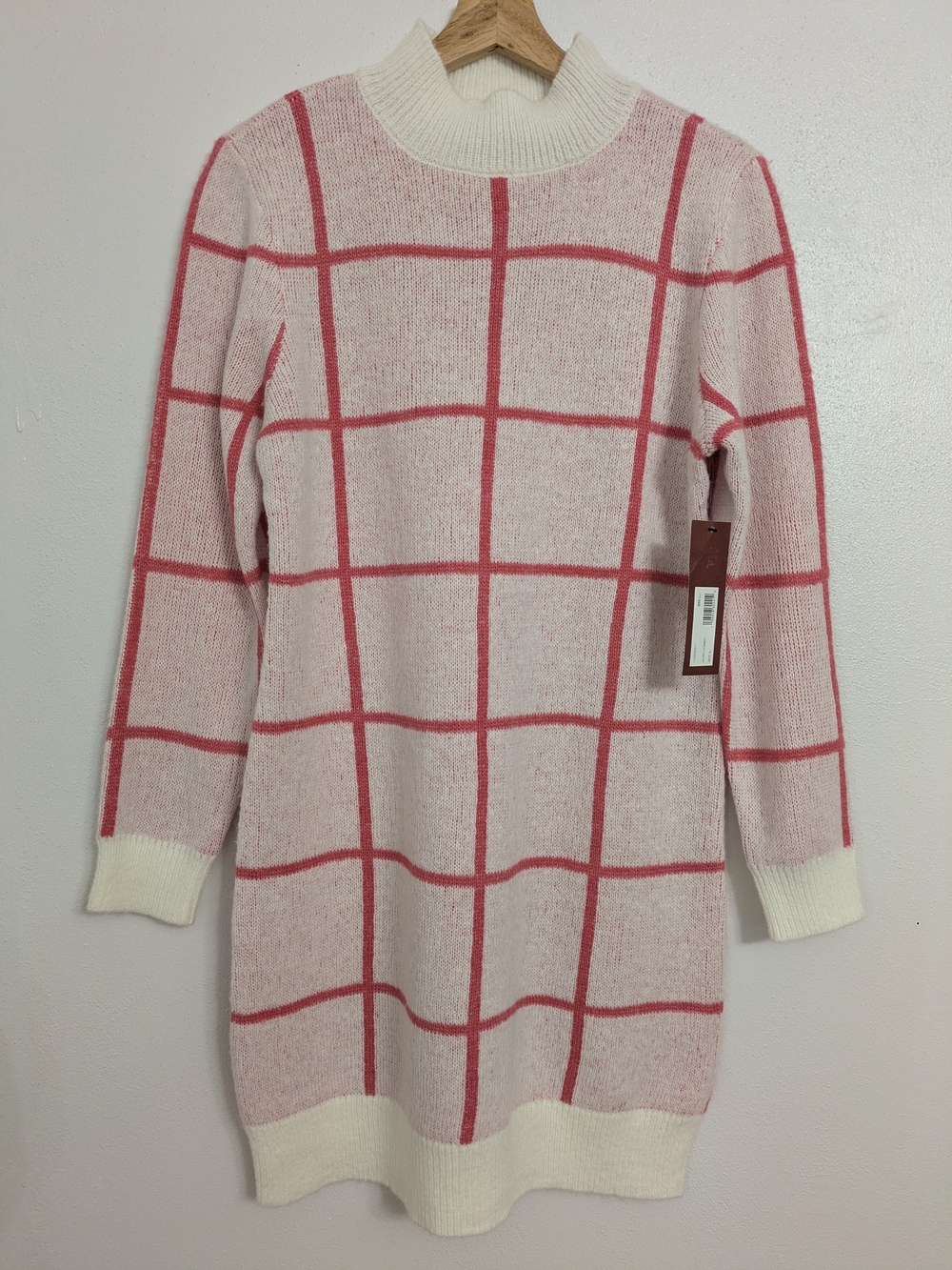 Windowpane Knit Mini Dress in Pink and Cream